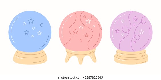 Magic crystal balls collection in pastel colors. Fortune teller symbol isolated on white background. Vector illustration