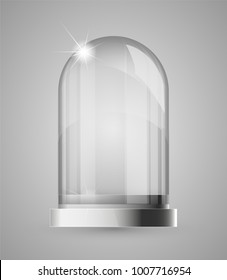 Magic crystal flask of glass. Empty snow bulb. White transparent glass flask on a stand. Vector christmas glass bulb on transparent background. Transparent object for design, mock-up.