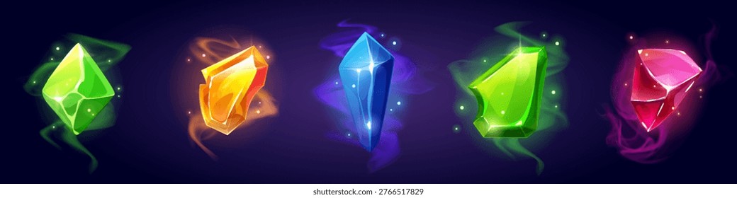 Magic crystal gem set with glowing effect for game ui - green diamond, orange stone, blue gemstone and pink jewel with sparkles. Fantasy treasure assets for rpg rewards or mystical power symbols.