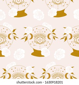 magic crystal globe and white flowers in a seamless pattern, perfect to use on the web or in print