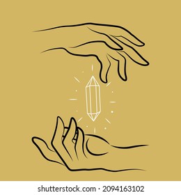Icono minimalista de ilustración de vector con contorno mágico en las manos. Signo lineal de la joya del tesoro. Mineral, diamante, icono de cuarzo simple aislado.