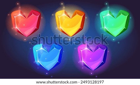 Magic crystal heart for game. Ice gem stone icon. Cristal jewel glow in ruby, gold, emerald and blue color. Fantasy precious jewelry different element. Bright mineral object with cute light shine set