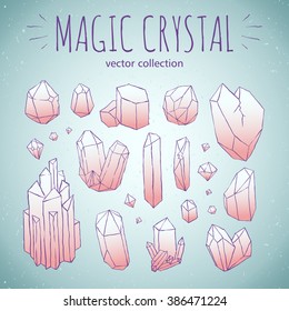 Magic crystal hipster style vector set. Hand drawn crystals in different shapes on white background