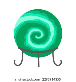 Cristal mágico aislado de fondo blanco. Una bola de vidrio para la adivinación con una espiral verde sobre un soporte de metal, un accesorio para una bruja moderna.
