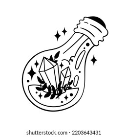 Magic Crystal In A Light Bulb. Black And White Vector Clipart.