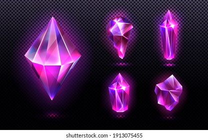 Magic crystal light, gem stones of purple or pink colors, faceted and rough glowing rocks, isolated crystalline mineral. Jewelry precious or semiprecious gemstones, Realistic 3d vector icons set