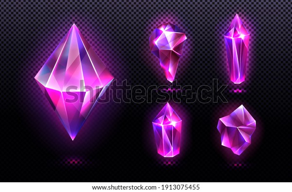 Magic crystal light, gem stones of purple or pink\
colors, faceted and rough glowing rocks, isolated crystalline\
mineral. Jewelry precious or semiprecious gemstones, Realistic 3d\
vector icons set