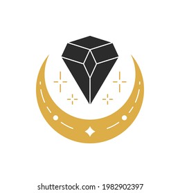 Magic crystal and moon crescent silhouette vector illustration. Witchcraft drawing for poster and mystic logo emblem decoration or fashion print.