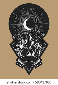 Magic crystal with mountain, moon and clouds. Vector hand drawn illustration in vintage boho style