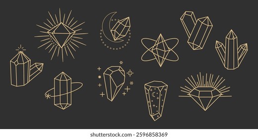 Magic crystal sacred geometry polyhedron celestial esoteric seamless border with gold line gemstone stars, moon decorations. Elegant outline stones. . Vector illustration