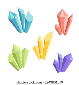 Magic crystal set. Colorful wizard crystals. Cartoon, flat. Isolated vector illustration eps
