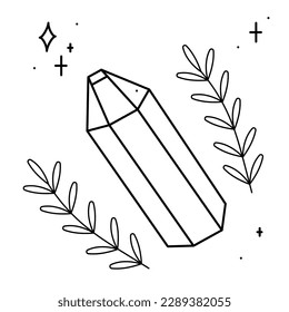 Magic crystal surrounded by abstract branches and stars. Doodle vector illustration, clipart.