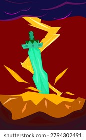 Magic crystal sword stuck in rock with lightning storm background.