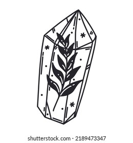 Magisches Kristall, Vektorsymbol. Pflanzen mit Blättern im Quarz aus Glas. Verzweigung in einem Himmelsprismus. Schwarze Umrisse einzeln auf Weiß. Vintage Clip Art für Logo, Web, Kosmetik, Karte