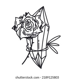 Icono vectorial de cristal mágico. Cuartz y rosa flor atadas con una cuerda. Piedra celeste de vidrio aislada en blanco. Símbolo de brujería, astrología. Borde negro, boceto. Clipart para logotipo, web, aplicaciones, DIY