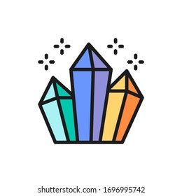 Magic crystals, diamonds flat color line icon.