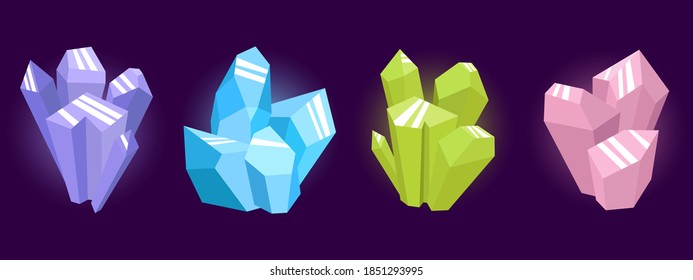 Magic crystals of different colors piled together.  Vector isolated set cartoon crystals. Collection colorful stones design for game, ui, banner, design for app, interface, game development.