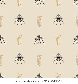 Cristales mágicos y ojos vector esotérico y jpg patrón ininterrumpido de boho imprimible, imagen única de ilustración de clipart repetida, detalles editables aislados. Perfecto para el diseño de ropa, papel envolvente