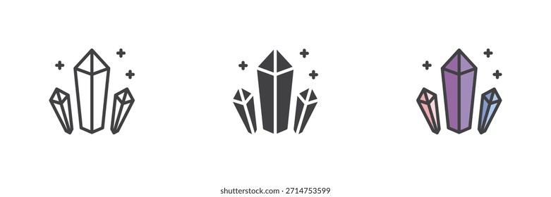 Cristais mágicos fantasia medieval estilo diferente ícone conjunto. Linha, contorno preenchido e ícone de vetor de cor sólida. Símbolo de joia brilhante, sinal de energia, ícone místico para jogos e interface gráfica mágica.
