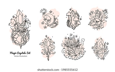 Magische Kristalle mit Blumenset. Handgezeichnete doodle Elemente mit Quarzkristallen und Blumen. Elegante und ästhetische Blumensymbole einzeln auf weißem Hintergrund. Vektorgrafik