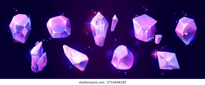 Magic crystals and gemstones set for game ui with glowing facets on dark background. Pink and purple gradient diamonds, irregular mineral stones sparkling by luminous effects. Fantasy jewel collection