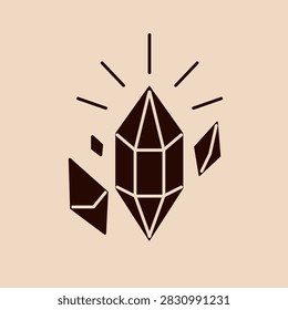 Magic crystals glowing. Abstract occult symbol of power, amulet. Esoteric gem stones, sacred quartz mineral shining. Mysterious diamond gemstone icon. Spiritual prism. Flat vector illustration