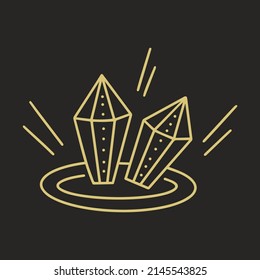 Magic crystals on black background isolated object. Totem tolisman for witchcraft and magic. Golden crystals simple outline. Hand drawn object of worship and esoteric vector