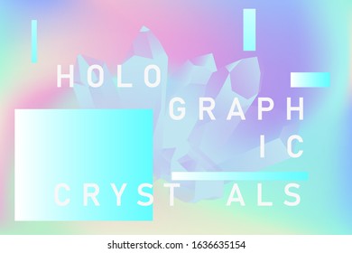 Magic crystals, opalescent minerals on holographic background. Vaporwave style surreal illustration in pastel color tones.