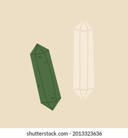 Magic crystals. Precious emerald stones, green and white crystals. Witchcraft attribute concept. Halloween decorative element. Vector illustration in cartoon style. Isolated on yellow background.