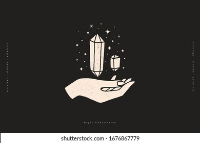 Magic crystals sparkle and soar above the hand. Mystical symbols in a trendy minimalist style on a black background. Magic stone quartz for spiritual practices of ethnic magic and astrological rites.