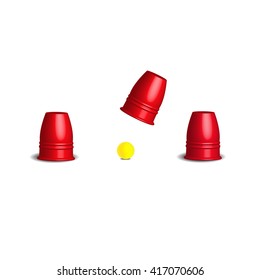 Magic cup games with three stainless  red cups and yellow ball set, 3d Vector illustration.