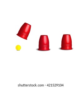 Magic cups game with three stainless red cups and yellow ball set, 3d Vector illustration.