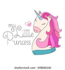 Magic cute baby unicorn, my little princess quote poster, greeting card, vector illustration with outline for kids print clothing textile and poster svg