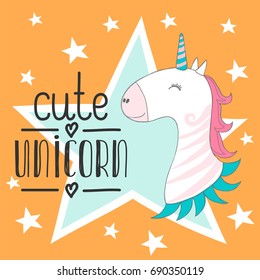 Magic cute baby unicorn, stars poster, greeting card, vector illustration stylized for kids print clothing and poster.