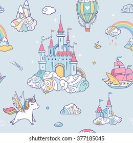 Magic cute baby vector seamless pattern with fairy cloud castle, pegasus, colorful rainbow, air balloon and other elements