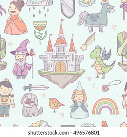 Magic cute baby vector seamless pattern with fairy castle, dragon, colorful rainbow, princess and other fairy elements and characters for your design