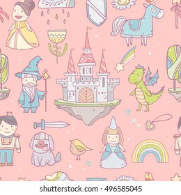 Magic cute baby vector seamless pattern for girls  with fairy castle, dragon, colorful rainbow, princess and other fairy elements and characters 