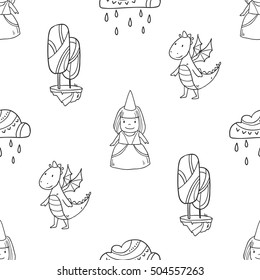 Magic cute baby vector seamless pattern for girls with fairy castle, dragon, princess and other fairy elements and characters