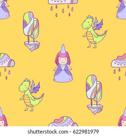 Magic cute baby vector seamless pattern for girls with fairy castle, dragon, princess and other fairy elements and characters