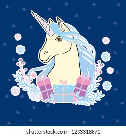 Magic cute christmas unicorn with gifts box and snowflakes. Vector greeting card. The head of the magic unicorn. Vector illustration magic horse.