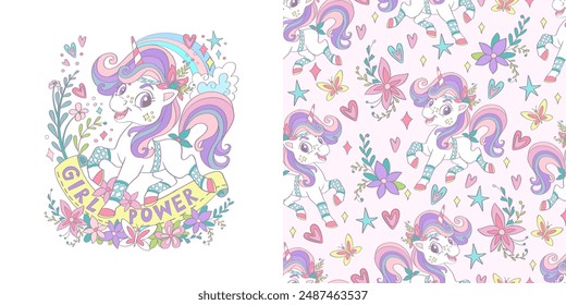 Magic cute dreaming unicorn with flowers. Isolated character and seamless background. Vector illustration. For party, print, baby shower, wallpaper, design, design cushion, linen, dishes, clothes