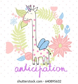 Magic cute giraffe with flowers. Vector greeting card.