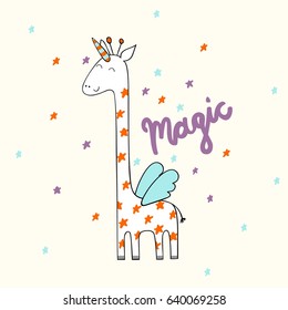 Magic cute giraffe. Cute Hand Drawn greeting card.