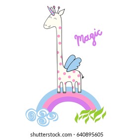 Magic cute giraffe. Cute Hand Drawn greeting card.