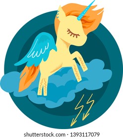 Magic cute little unicorn kawaii  portrait with lightinings vector hand drawing illustration. Cartoon drawing