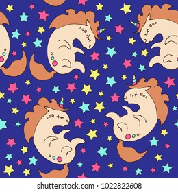 Magic cute sleeping unicorn with  rainbow stars. Seamless pattern.  Dream symbol.  Design for children.  T-shirt graphics. Illustration for fashion print, poster, textiles, cards.