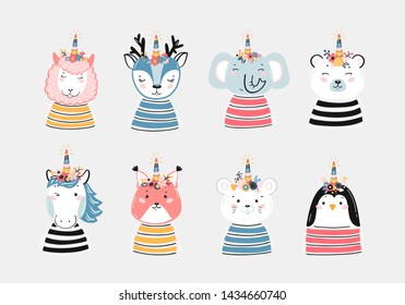 Magic Cute Unicorn Animals with Flower Horn Vector Set for Kids Fashion. Magical Kawaii Animal Faces Print for Nursery, Scandinavian Poster, Baby Shower, Birthday