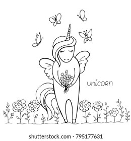 Magic cute unicorn with a bouquet flower in hand isolated on white. Hand drawn vector illustration. Perfect for print, coloring book, greeting card.