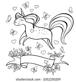 Magic cute unicorn with butterfly and heart isolated on white. Hand drawn vector illustration. Perfect for print, coloring book, greeting card, invitation.