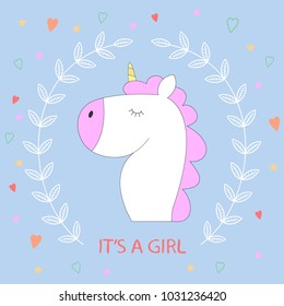 Magic cute unicorn in cartoon style with lettering Its a girl. Vector illustration for posters. Picture for t-shirt graphics for kids and other uses. Design for children.